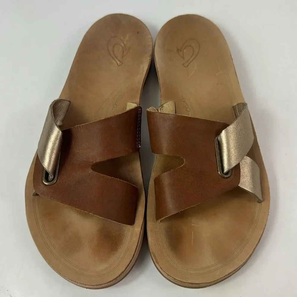 OLUKAI Nonohe Olu Golden Brown Leather Slide Women’s Sandals